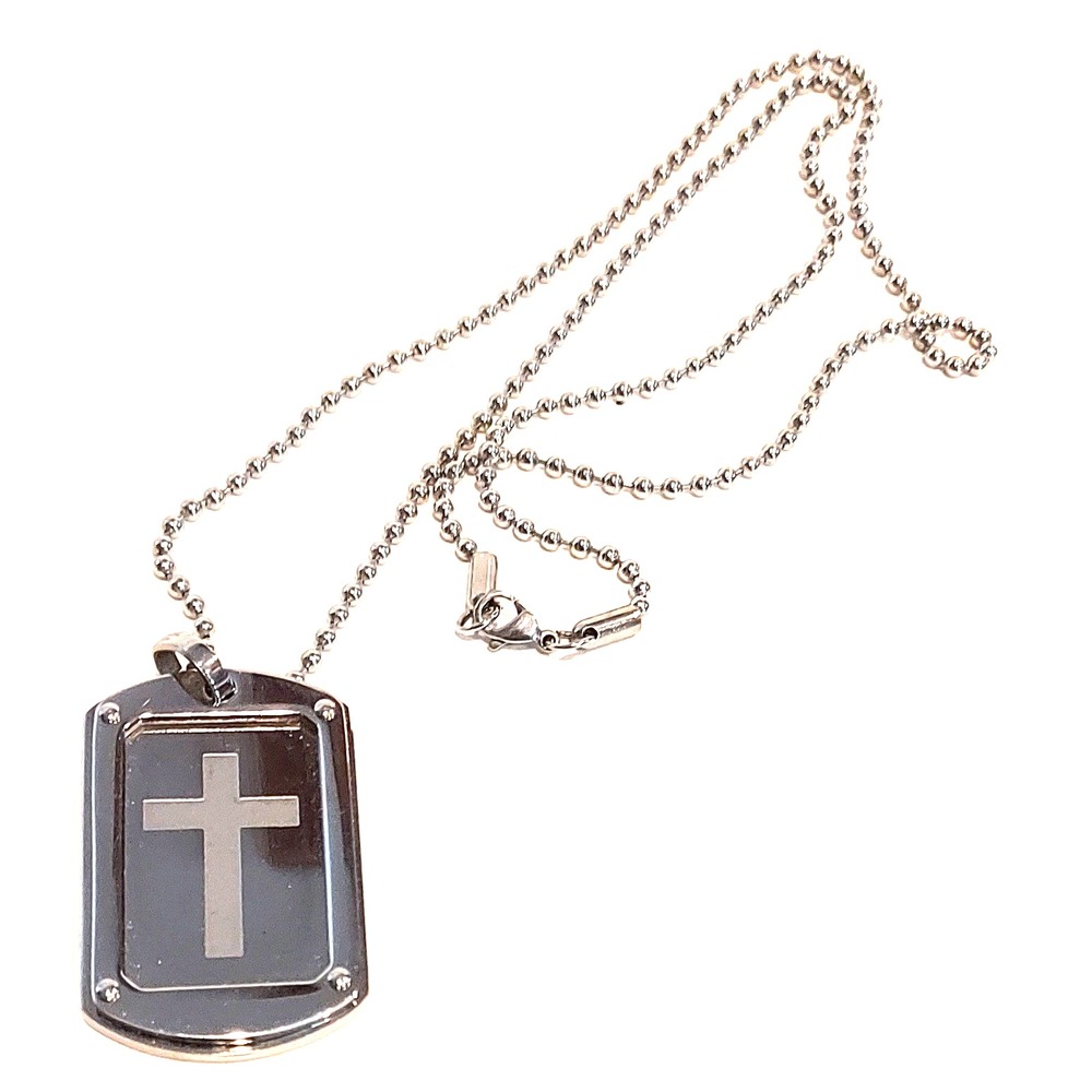 Cross Stainless Steel Dog Tag Style Necklace Ball Chain 20"